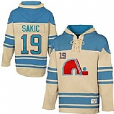 Quebec Nordiques #19 Joe Sakic Cream Throwback All Stitched Hooded Sweatshirt,baseball caps,new era cap wholesale,wholesale hats